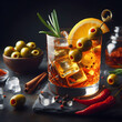 Classic martini with olives, lemon twist, ice, and cocktail accessories