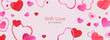 Happy Valentines Day banner or poster. Trendy design with colorful hearts and pink background. Valentine's day concept for greeting card, celebration, ads, branding, cover, label, sales.