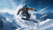 High-energy action of an extreme snowboarder catching air off a massive snow ramp, dynamic pose mid-jump against a stunning mountainous backdrop