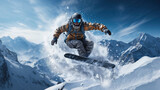 Fototapeta  - High-energy action of an extreme snowboarder catching air off a massive snow ramp, dynamic pose mid-jump against a stunning mountainous backdrop