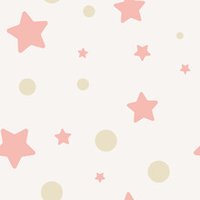 Stars And Dots In Pastel Colors. Light Baby  Background. Pink Stars And Beige Circles On A Light Background. Flat Style. Seamless Pattern. Background For Decor.