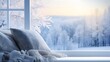 Serene and crisp: A close-up of a frosted windowpane, framing a view of a peaceful winter landscape with distant hills.