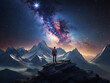 Man standing on the top of the mountain, back view, staring the milky way