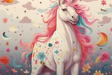 A Brightly Colored Unicorn With Stars, In The Style Of Characterized Animals, Light Beige And Pink, Pattern Designs, Tinycore, Pictorial Fabrics, Shaped Canvases, Holotone Printing