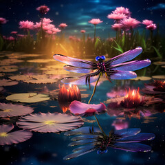 Poster - Dragonfly perched on a water lily amidst a serene pond at twilight.