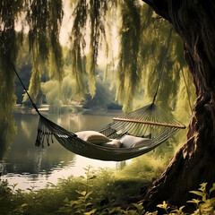 A hammock gently swaying between two ancient weeping willows.