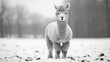 A black and white image of an alpaca standing in a snowy field.