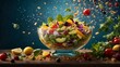 Delicious healthy salad, floating, made with nutritious ingredients, leafy greens, vegetables, fruit