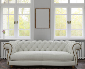 Mockup frame interior background living room cozy  in empty picture and sofa in illustration 3d rendering.