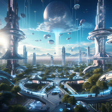 Futuristic City Skyline With Levitating Parks And Holographic Sculptures