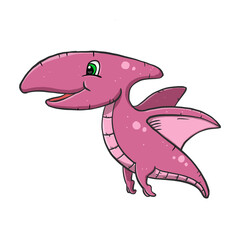 Draw a picture of a dinosaur, a cute pink pterosaur, a winged predator that can fly. Hand drawn on transparent background