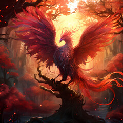 Poster - Majestic phoenix perched on a fiery branch in a fantastical forest.