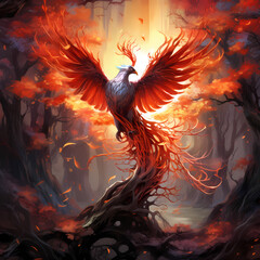 Wall Mural - Majestic phoenix perched on a fiery branch in a fantastical forest.