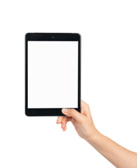 Hand holding the black digital tablet with mockup of blank screen on isolated white background.