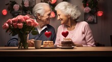 Romantic Senior Couple Celebrating Saint Valentine's Day At Home. Beautiful Woman And Handsome Man Spending Time Together. Happy Saint Valentine's Day!