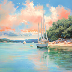 Wall Mural - Sailboats anchored in a secluded bay under a sky painted with pastels.