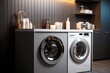 A washing machine standing tall in a modern laundry room, It's sleek design. Generative AI.