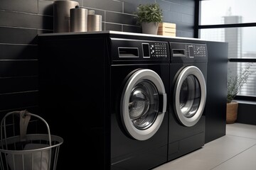 An washing machine black in modern interior. Generative AI.