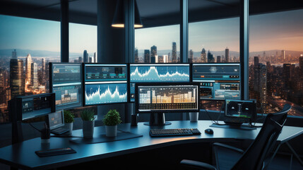 Wall Mural - an office with several monitors and trading screens. generative ai.