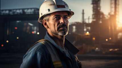 Poster - Worker at refinery construction site, copy space. Generative AI.