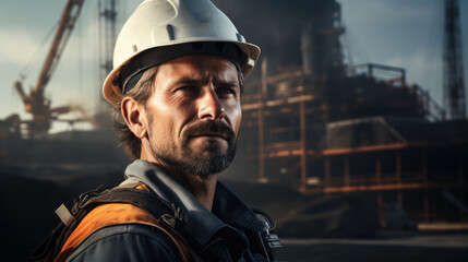 Poster - Worker at refinery construction site, copy space. Generative AI.