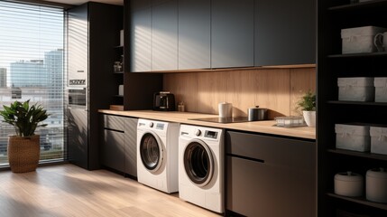 A room with a washer and dryer surrounded by cabinets. Generative AI.