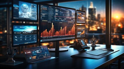 Aufkleber - A modern business setting with screens displaying data analytics charts. Generative AI.
