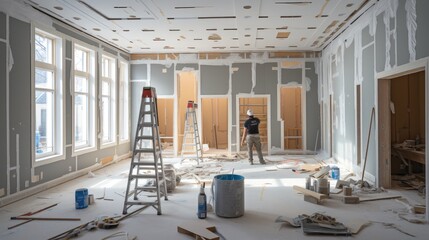 Aufkleber - Drywall installation in a residential construction project. Generative AI.