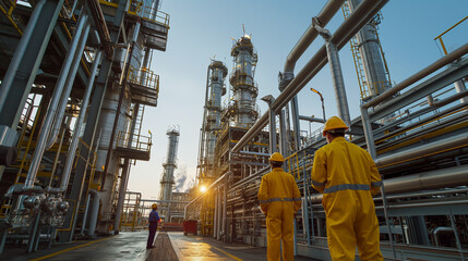 Wall Mural - Engineer doing survey at oil and gas refinery plant wearing yellow coverall 