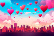Cityscape illustration with colorful heart balloons floating in the sky, capturing the essence of Valentine's Day celebration and love in the air.





