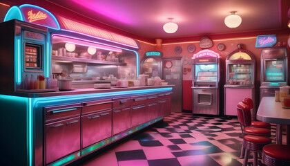 Wall Mural - Kitchen from the 1950s with holographic soda jerk, telepathic appliances, jukebox ai generation