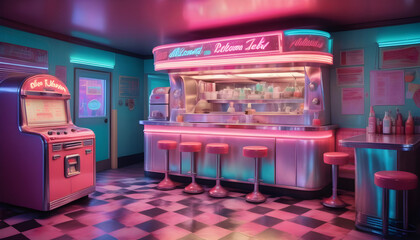 Wall Mural - Kitchen from the 1950s with holographic soda jerk, telepathic appliances, jukebox ai generation