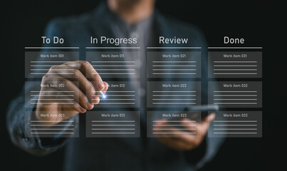 Developer touching virtual interface. Agile software development or project management using kanban or scrum methodology boards on screen. Process, workflow, visual organization tools and framework.