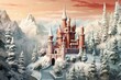 winter castle with towers and red roof, snow-white mountains, road and christmas trees. Generative AI