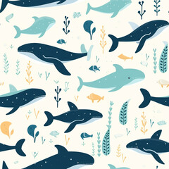 seamless pattern with dolphin in doodle design