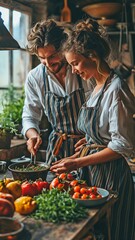 Wall Mural - In the kitchen, a contented young couple enjoys cooking fresh, healthful food..