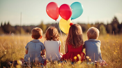 Four children from behind, sitting in a field, holding colorful balloons on a sunny day.