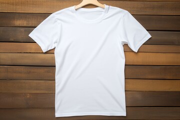 Wall Mural - White t-shirt on wooden background, top view. Mockup for design