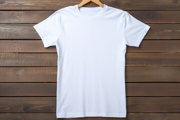 Wall Mural - White t-shirt on wooden background, top view. Mockup for design