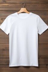 Wall Mural - White t-shirt on wooden background, top view. Mockup for design