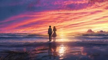Man And Woman Couple Holding Hand Each Other Looking Sunset Sky At The Beach Anime Style Loop Animation