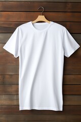 Wall Mural - White t-shirt on wooden background, top view. Mockup for design