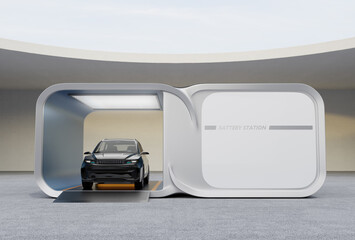 Black Electric SUV swapping battery pack in the Battery Swap Station. Generic design. 3D rendering image.