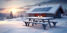 A Snow Covered Picnic Table With A Solar Panel On Top Of It