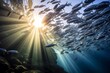 Schools of fish swimming in unison in the ocean currents, marine life concept.