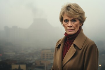 Canvas Print - Portrait of an elderly woman on a background of the city.