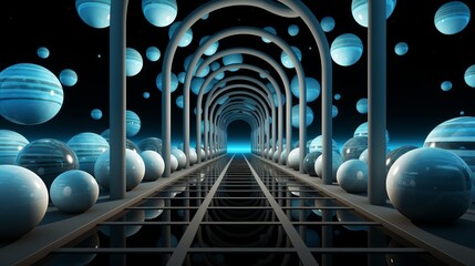 Wall Mural - A mesmerizing art installation of glowing white and blue spheres, guiding you through a tunnel of ethereal light