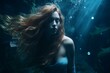 beautiful mermaid with long hair underwater in blue tones. Generative AI