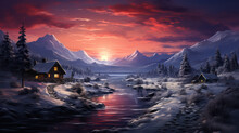 Snowy Winter Landscape With Lone Cabin House.