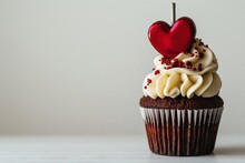 Close-up Of A Valentine's Chocolate Cupcake Decorated With Red Heart And Sprinkles, On A Blurry Background. Happy Valentine's Day.
